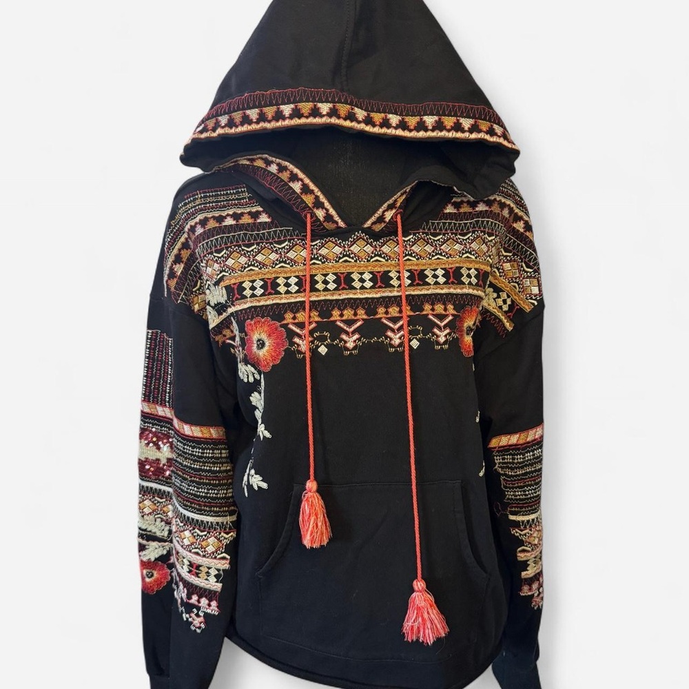Embroidered Black Hoodie with Red Accents